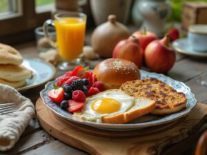 close up photo of breakfast plate with eggs, toast, and fruit