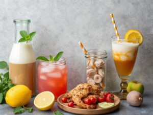 various delicious drinks and food items
