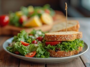a plate of food including a half salad and half sandwich